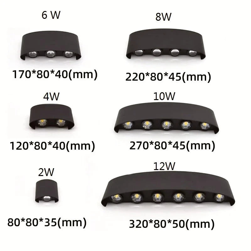 Dimension guide for the IP65 LED wall light from 80mm to 320mm wide