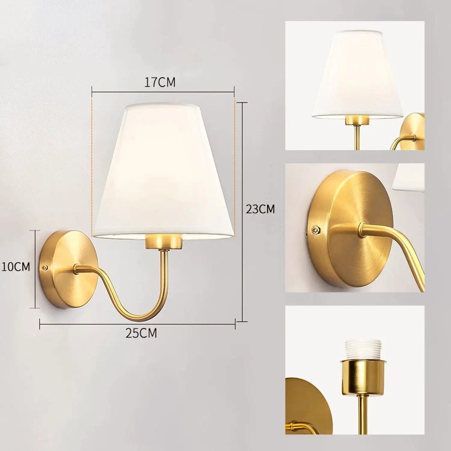 Dimension guide for the linen shade wall sconce: 17cm shade, 23cm height, 25cm projection