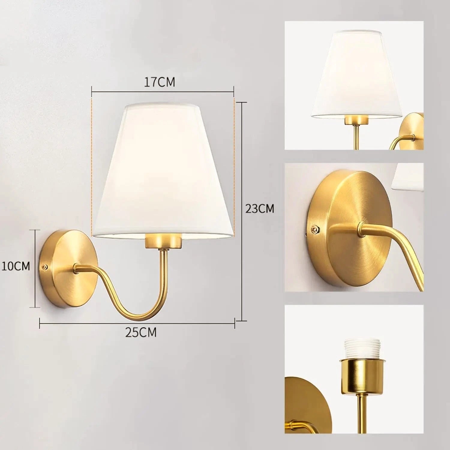 Dimension guide for the linen shade wall sconce: 17cm shade, 23cm height, 25cm projection