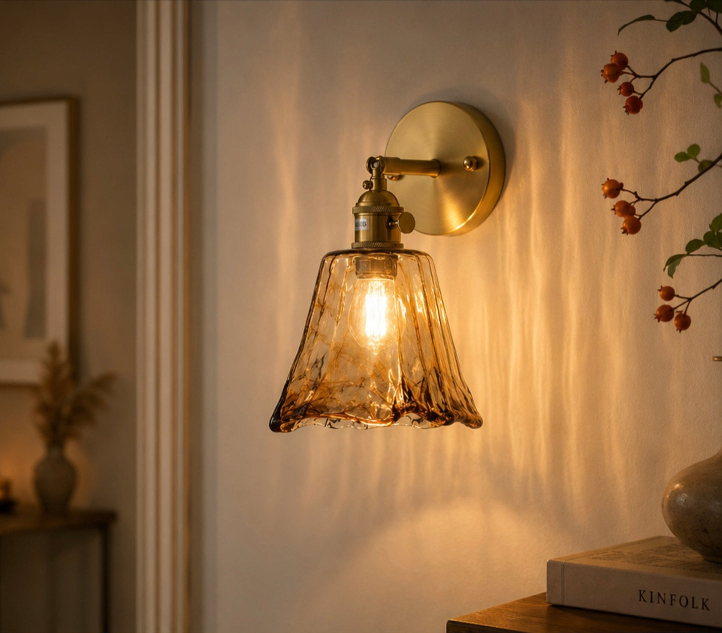 Amber Textured Glass Wall Sconce — Brushed Brass Vintage Wall Light