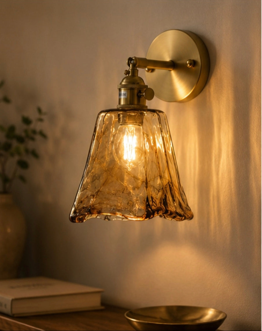 Amber Textured Glass Wall Sconce — Brushed Brass Vintage Wall Light