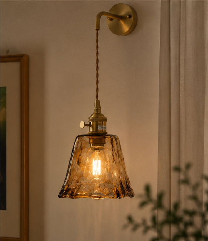 Amber Textured Glass Wall Sconce — Brushed Brass Vintage Wall Light